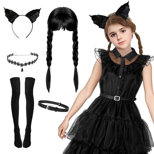 Metaparty Wednesday Kostüm Mädchen Wednesday Kleid Kinder Gothic Halloween Schwarz Kleid mit Vielfältigem Zubehör für Cosplay Karneval Party,110 von Metaparty