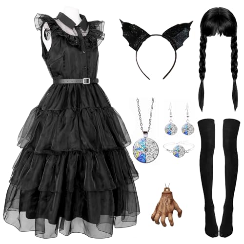 Mittwoch Kostüm für Erwachsene, Cosplay-Outfit im Stil des Mittwochs, schwarzes Gothic-Kleid mit langen Ärmeln für Erwachsene Mädchen Cosplay Karneval Halloween (L) von Metaparty