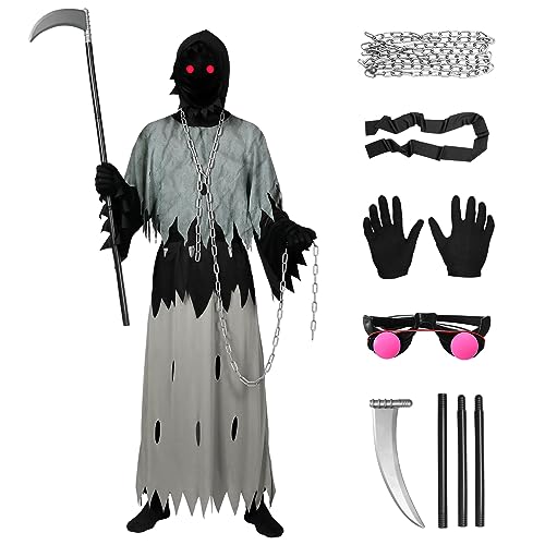 Sensenmann Kostüm, Halloween Kostüm Set Reaper Robe mit Kapuze, Knochenhandschuhe, Kette, Sense, Tod Kostüm Outfit Halloween Dress Up Party für Erwachsene Kinder (145) von Metaparty