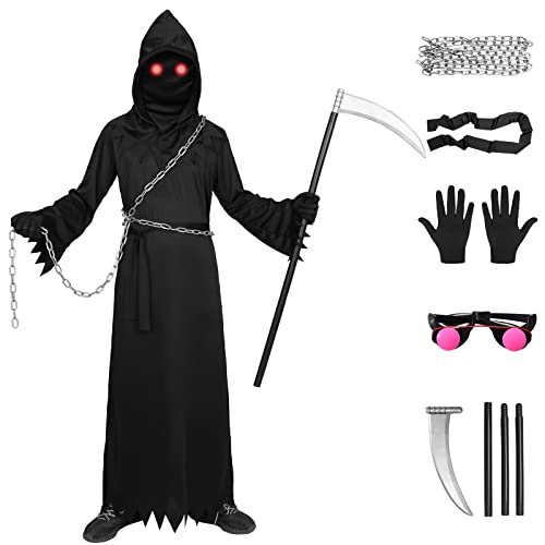 Sensenmann Kostüm Herren Erwachsener Kinder Glühende Augen Leuchtend für Gruselige Phantom Halloween Dress Up Party Cosplay Set mit Brille Sense Kette Gürtel,140 von Metaparty