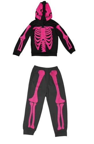 Halloween-Skelett-Pullover-Hosen-Set für Mädchen, leuchtet im Dunkeln, rosa Knochen, zweiteiliges Kapuzen-Sweatshirt, 7–8 Jahre Halloween-Skelett-Pullover-Hosen-Set für Mädchen, leuchtet im Dunkeln, rosa Knochen, zweiteiliges Kapuzen-Sweatshirt, 7–8 Jahre von Meteorito