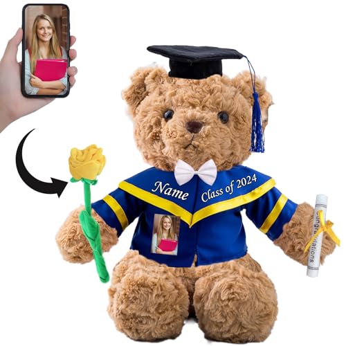 MeterBear Graduationbär Personalisierte Graduation Geschenke mit Text+Foto, Teddybär Plüschtier als Schulabschluss Geschenk für Ihn 2024 Oberschule Graduation Geschenke (32cm-mit Rose) von MeterBear