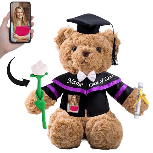 MeterBear Graduationbär Personalisierte Graduation Geschenke mit Text+Foto, Teddybär Plüschtier als Schulabschluss Geschenk für Ihn 2024 Oberschule Graduation Geschenke (32cm-mit Rose) von MeterBear