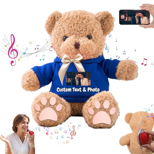 MeterBear Personalisierte Geschenke Teddybär mit Aufzeichnung für Kinder Erwachsene, Personalisierte Bär Plüschtiere mit Schleife als Besondere Geschenke für Valentinstag Weihnachten (30cm-Foto+Text) von MeterBear