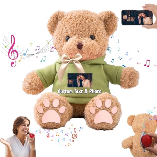 MeterBear Personalisierte Geschenke Teddybär mit Aufzeichnung für Kinder Erwachsene, Personalisierte Bär Plüschtiere mit Schleife als Besondere Geschenke für Valentinstag Weihnachten (30cm-Foto+Text) von MeterBear