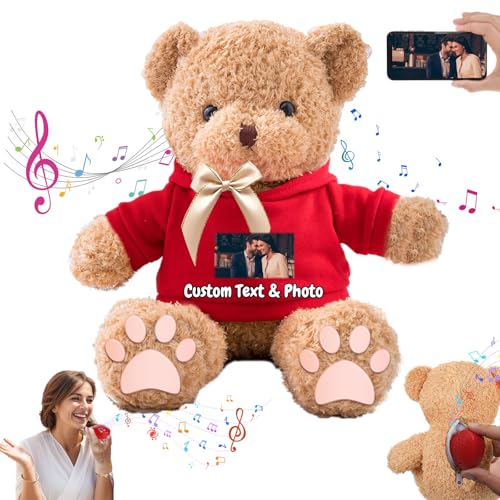 MeterBear Personalisierte Geschenke Teddybär mit Aufzeichnung für Kinder Erwachsene, Personalisierte Bär Plüschtiere mit Schleife als Besondere Geschenke für Valentinstag Weihnachten (30cm-Foto+Text) von MeterBear