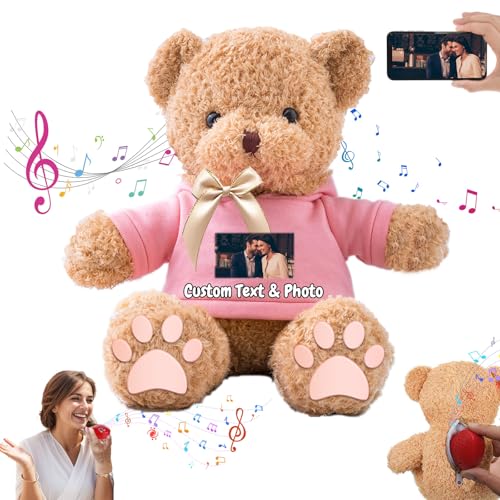 MeterBear Personalisierte Geschenke Teddybär mit Aufzeichnung für Kinder Erwachsene, Personalisierte Bär Plüschtiere mit Schleife als Besondere Geschenke für Valentinstag Weihnachten (30cm-Foto+Text) von MeterBear