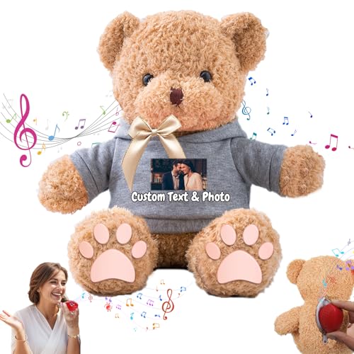 MeterBear Personalisierte Geschenke Teddybär mit Aufzeichnung für Kinder Erwachsene, Personalisierte Bär Plüschtiere mit Schleife als Besondere Geschenke für Valentinstag Weihnachten (40cm-Foto+Text) von MeterBear