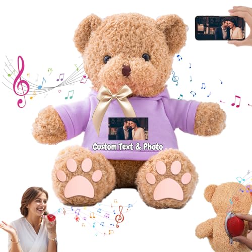 MeterBear Personalisierte Geschenke Teddybär mit Aufzeichnung für Kinder Erwachsene, Personalisierte Bär Plüschtiere mit Schleife als Besondere Geschenke für Valentinstag Weihnachten (40cm-Foto+Text) von MeterBear