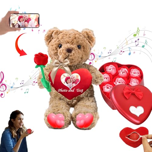 MeterBear Personalisierte Teddybär Valentinstag mit Herz für Männer Frauen, Valentine Teddybär mit Foto+Text, Personalisierte Geschenke Kinder Erwachsene (26 cm) von MeterBear