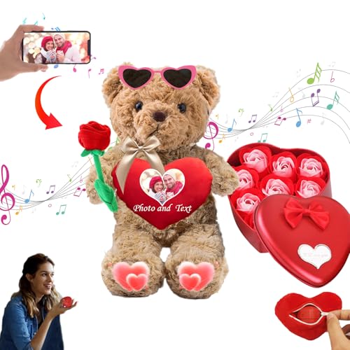 MeterBear Personalisierte Teddybär Valentinstag mit Herz für Männer Frauen, Valentine Teddybär mit Foto+Text, Personalisierte Geschenke Kinder Erwachsene (26 cm) von MeterBear