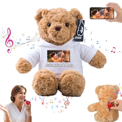 MeterBear Personalisierter Teddybär mit Aufzeichnung für Frauen Männer, Personalisierte Plüschbär mit Schleife mit Foto+Text als Geschenk für Weihnachten Valentinstag (26cm-Foto+Text) von MeterBear