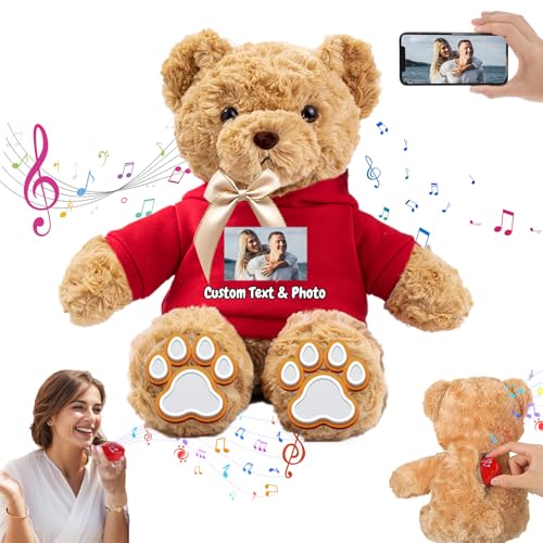 MeterBear Personalisierter Teddybär mit Aufzeichnung für Sie Ihn, Personalisierte Geschenke Teddybär mit Foto+Text als Besondere Geschenke für Valentinstag Weihnachten Geburtstag (26cm-Foto+Text) von MeterBear