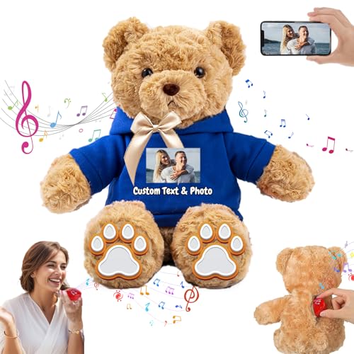 MeterBear Personalisierter Teddybär mit Aufzeichnung für Sie Ihn, Personalisierte Geschenke Teddybär mit Foto+Text als Besondere Geschenke für Valentinstag Weihnachten Geburtstag (26cm-Foto+Text) von MeterBear