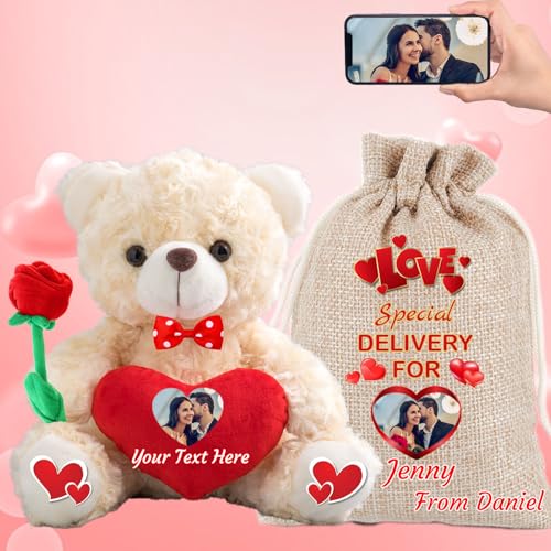 MeterBear Personalisierter Teddybär mit Text+ Foto Auf Herz, ValentinsGeschenke für sie Geschenke für Frauen Weihnachten Geburtstagsgeschenk für ihn Es Mir Leid Geschenke für sie (25cm) von MeterBear