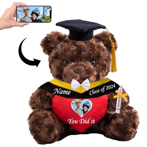 Personalisierter Teddybär mit Herz, Abschlussgeschenke für Ihn & Sie mit Text+Foto, Abschlussbär als Personalisiertes Abschlussgeschenk für Mädchen/ Jungen zum Abschluss 2024 (25-cm/ Text+Foto) von MeterBear