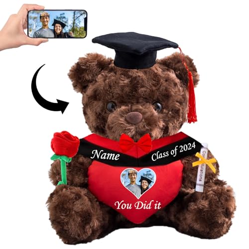 Personalisierter Teddybär mit Herz, Abschlussgeschenke für Ihn & Sie mit Text+Foto, Abschlussbär als Personalisiertes Abschlussgeschenk für Mädchen/ Jungen zum Abschluss 2024 (25-cm-Text+Foto) von MeterBear