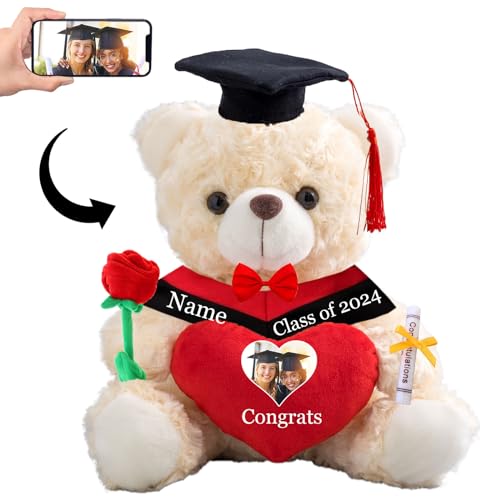 Personalisierter Teddybär mit Herz, Abschlussgeschenke für Ihn & Sie mit Text+Foto, Abschlussbär als Personalisiertes Abschlussgeschenk für Mädchen/ Jungen zum Abschluss 2024 (25cm/ Text+Foto) von MeterBear