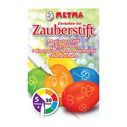 Metma P-101 - Eierfarben, 5 Stück, Gelb, Orange, Rot, Blau, Grün, magischer Stift, Karte für geheime Nachricht, Handschuh Färbetabletten, Ostereier, Ostern von Metma