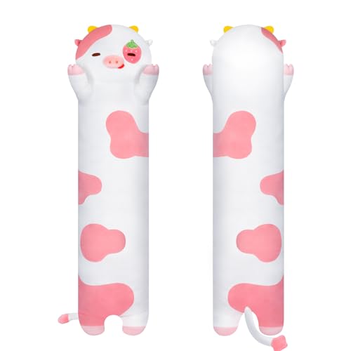 Mewaii 110CM Langes Plüsch Kuh Kawaii Plüschkissen für Kinder, süße Kuh, weiche Plüschtiere, Kätzchen, Wurf Körperkissen, Puppe, Geschenk für Mädchen und Jungen (Erdbeerkuh) von Mewaii