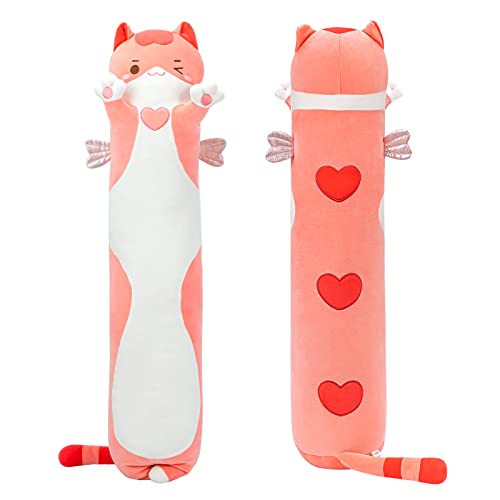 Mewaii Niedliches Katzen-Plüschkissen, langes Kissen für Jungen, Mädchen, Tierpuppe, Kawaii-Spielzeug, flauschig, Komfort, Plüschkissen für Jugendliche, Geschenk (130 cm, rosa Katze) von Mewaii