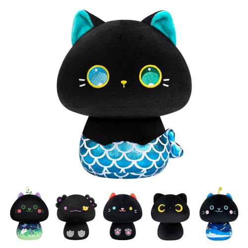 Mewaii Meerjungfrau-Schwarze Katze Kuscheltier 36 cm Plüschkissen Kawaii Katze Plüschtier Weiches Kuscheltier für Kinder und Erwachsene von Mewaii