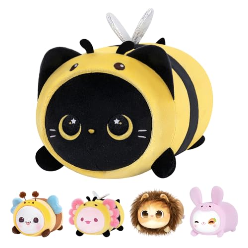 Mewaii Katze Plüschtier Stofftiere Kawaii Plüsch Kissen für Kinder Ausgestopftes Kuscheltiere Tier Spielzeug Kuschelkissen Geschenk Plüschkissen Bienenhaube Schwarze Katze, 40CM von Mewaii