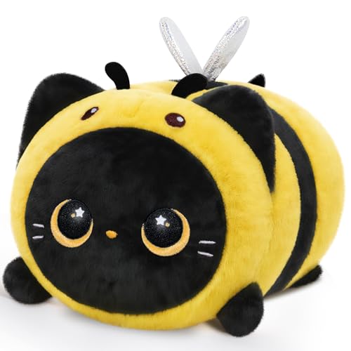 Mewaii Katze Plüschtier Stofftiere Kawaii Plüsch Kissen für Kinder Ausgestopftes Kuscheltiere Tier Spielzeug Kuschelkissen Geschenk Plüschkissen Bienenhaube Schwarze Katze, 40CM von Mewaii