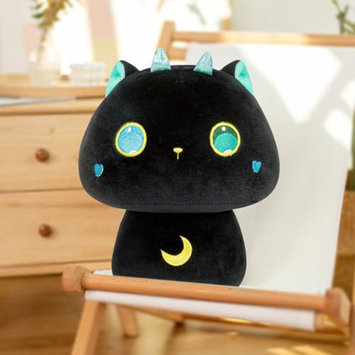 Mewaii Plüsch-Kissen, Kawaii, Kissen für Babys, Tiere, Spielzeug, Pilzform, bequem, Plüschkissen für Kinder ab 3 Jahren (36 cm, Schwarze Katze mit großen Augen) von Mewaii