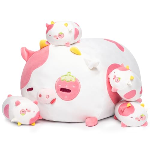 Mewaii Plüschtier Stofftiere Kawaii Plüsch Kissen Erdbeer Kuh für Kinder Ausgestopftes Kuscheltiere Tier Spielzeug Geschenk Plüschkissen (EIN 40 cm+Vier 10 cm) von Mewaii