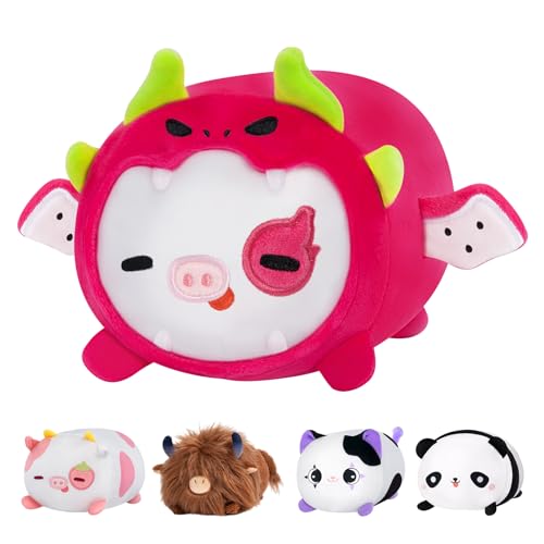 Mewaii Süßes Erdbeer-Kuh-Plüschkissen, Kawaii-Plüschtier mit Drachenfrucht-Kostüm, weich, Squishy-Geschenk für Kinder, ca. 20 cm von Mewaii