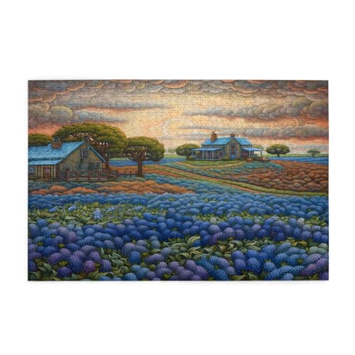 Mexpekil 1000 Teile Puzzles für Erwachsene Bauernhaus Blaue Blumenszene Holzpuzzles Herausfordernde Puzzlespiele für Jugendliche Geschenke von Mexpekil