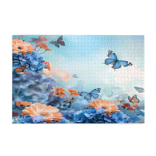 Mexpekil 1000 Teile Puzzles für Erwachsene Blaue Hortensien Orange Gänseblümchen Schmetterling Holzpuzzles Herausfordernde Puzzlespiele für Jugendliche Geschenke von Mexpekil