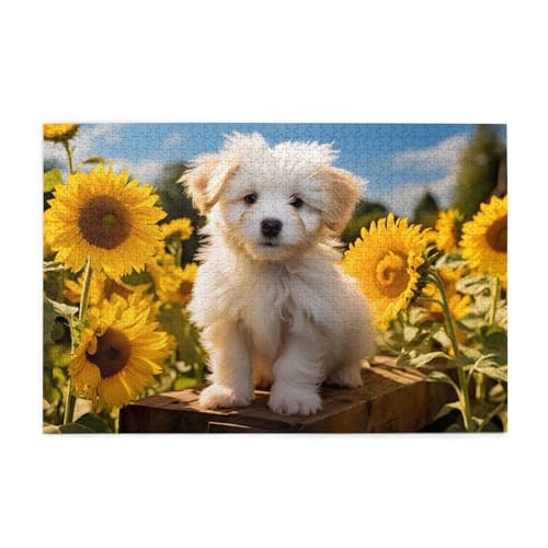 Mexpekil 1000 Teile Puzzles für Erwachsene Niedlicher Hund Sonnenblume Floral Holzpuzzles Herausfordernde Puzzlespiele für Jugendliche Geschenke von Mexpekil