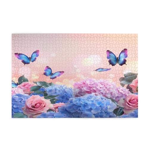 Mexpekil 1000 Teile Puzzles für Erwachsene Rosa Rose Blau Blume Schmetterling Holzpuzzles Herausfordernde Puzzlespiele für Jugendliche Geschenke von Mexpekil