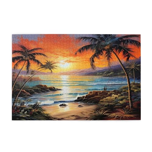 Mexpekil 1000 Teile Puzzles für Erwachsene Tropische Palme Strand Sonnenuntergang Holzpuzzles Herausfordernde Puzzlespiele für Jugendliche Geschenke von Mexpekil