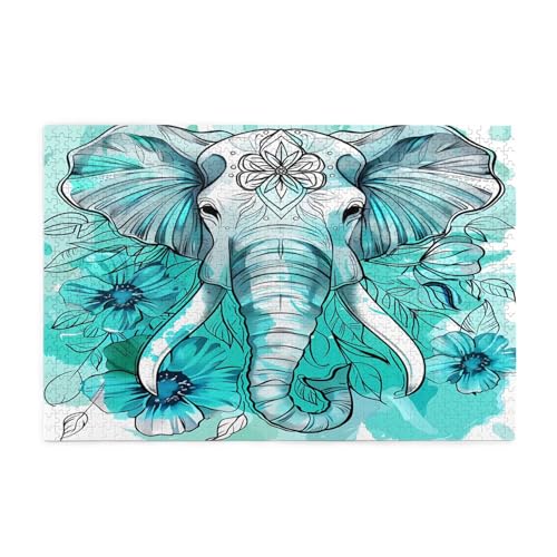 Mexpekil 1000 Teile Puzzles für Erwachsene Türkis Blau Blume Elefant Kopf Holzpuzzles Herausfordernde Puzzlespiele für Jugendliche Geschenke von Mexpekil