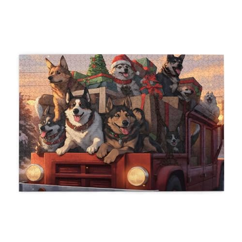 Mexpekil 1000 Teile Puzzles für Erwachsene Weihnachten Rot Truck Hund Muster Holzpuzzles Herausfordernde Puzzlespiele für Jugendliche Geschenke von Mexpekil