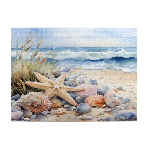 Mexpekil 500 Teile Puzzle für Erwachsene, Aquarell, Strand, Seestern, Muschel, Holzpuzzle, herausfordernde Puzzle-Spiele für Teenager, Geschenke von Mexpekil