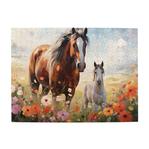 Mexpekil 500 Teile Puzzle für Erwachsene, Aquarell-Pferd, florales Holzpuzzle, herausfordernde Puzzle-Spiele für Teenager, Geschenke von Mexpekil