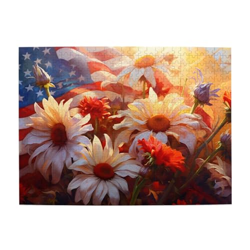 Mexpekil American Flag Daisy Floral 500 Teile Puzzle für Erwachsene Holzpuzzles Erwachsene Puzzle Lernspiele für Erwachsene Geschenke Wohnkultur von Mexpekil