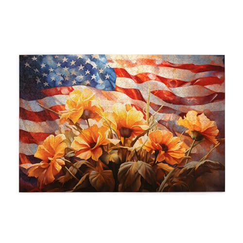 Mexpekil American Flag Yellow Flower 1000 Piece Jigsaw Puzzles for Adults Wooden Puzzles Adult Jigsaw Puzzle Educational Games for Adults Gifts Home Decor von Mexpekil