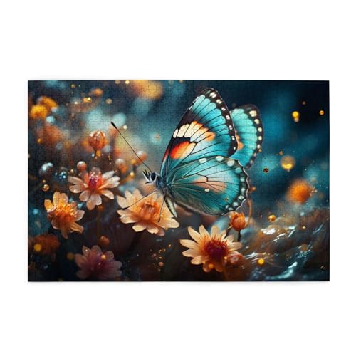 Mexpekil Blauer Schmetterling Blumen 1000 Teile Puzzle für Erwachsene Holzpuzzles Erwachsene Puzzle Lernspiele für Erwachsene Geschenke Wohnkultur von Mexpekil