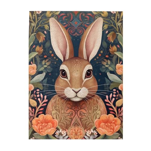 Mexpekil Boho Rabbit Flower 500 Teile Puzzle für Erwachsene Holzpuzzles Erwachsene Puzzle Lernspiele für Erwachsene Geschenke Wohnkultur von Mexpekil