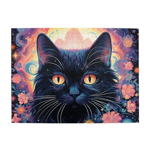 Mexpekil Boho Schwarze Katze Floral 500 Teile Puzzle für Erwachsene Holzpuzzles Erwachsene Puzzle Lernspiele für Erwachsene Geschenke Wohnkultur von Mexpekil