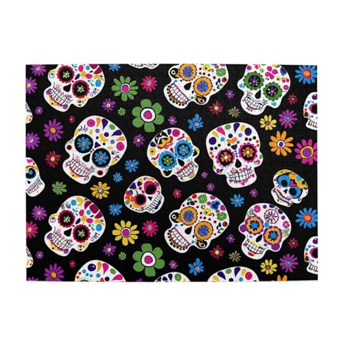 Mexpekil Buntes Totenkopf-Puzzle mit Blumenmuster, 500-teiliges Puzzle für Erwachsene, Holzpuzzles für Erwachsene, Lernspiele für Erwachsene, Geschenke, Heimdekoration von Mexpekil