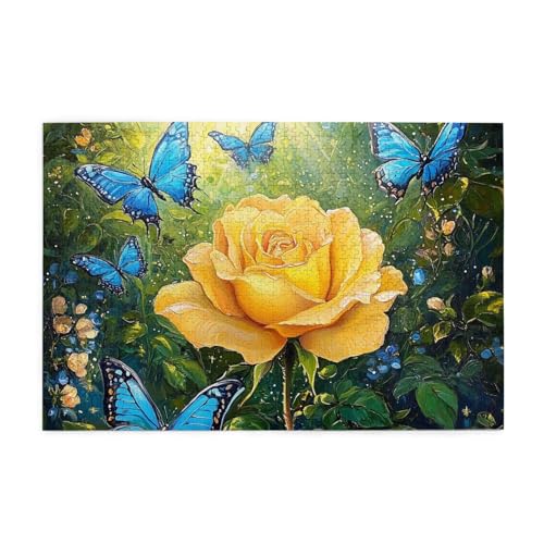 Mexpekil Gelbe Rose Blauer Schmetterling 1000 Teile Puzzle für Erwachsene Holzpuzzles Erwachsene Puzzle Lernspiele für Erwachsene Geschenke Wohnkultur von Mexpekil