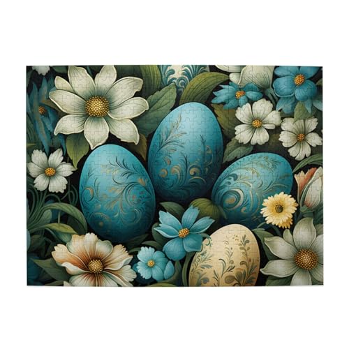 Mexpekil Ostern Blaugrün Ei Blumen 500 Teile Puzzle für Erwachsene Holzpuzzles Erwachsene Puzzle Lernspiele für Erwachsene Geschenke Wohnkultur von Mexpekil