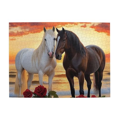 Mexpekil Pferd Strand Rose 500 Teile Puzzle für Erwachsene Holzpuzzles Erwachsene Puzzle Lernspiele für Erwachsene Geschenke Wohnkultur von Mexpekil