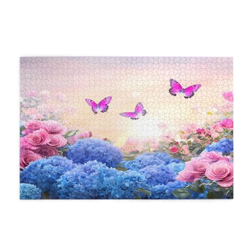 Mexpekil Puzzles für Erwachsene 1000 Teile Blaue Blume Rosa Rose Schmetterling Holzpuzzles Herausfordernde Puzzlespiele für Erwachsene Jugendliche Geschenke von Mexpekil